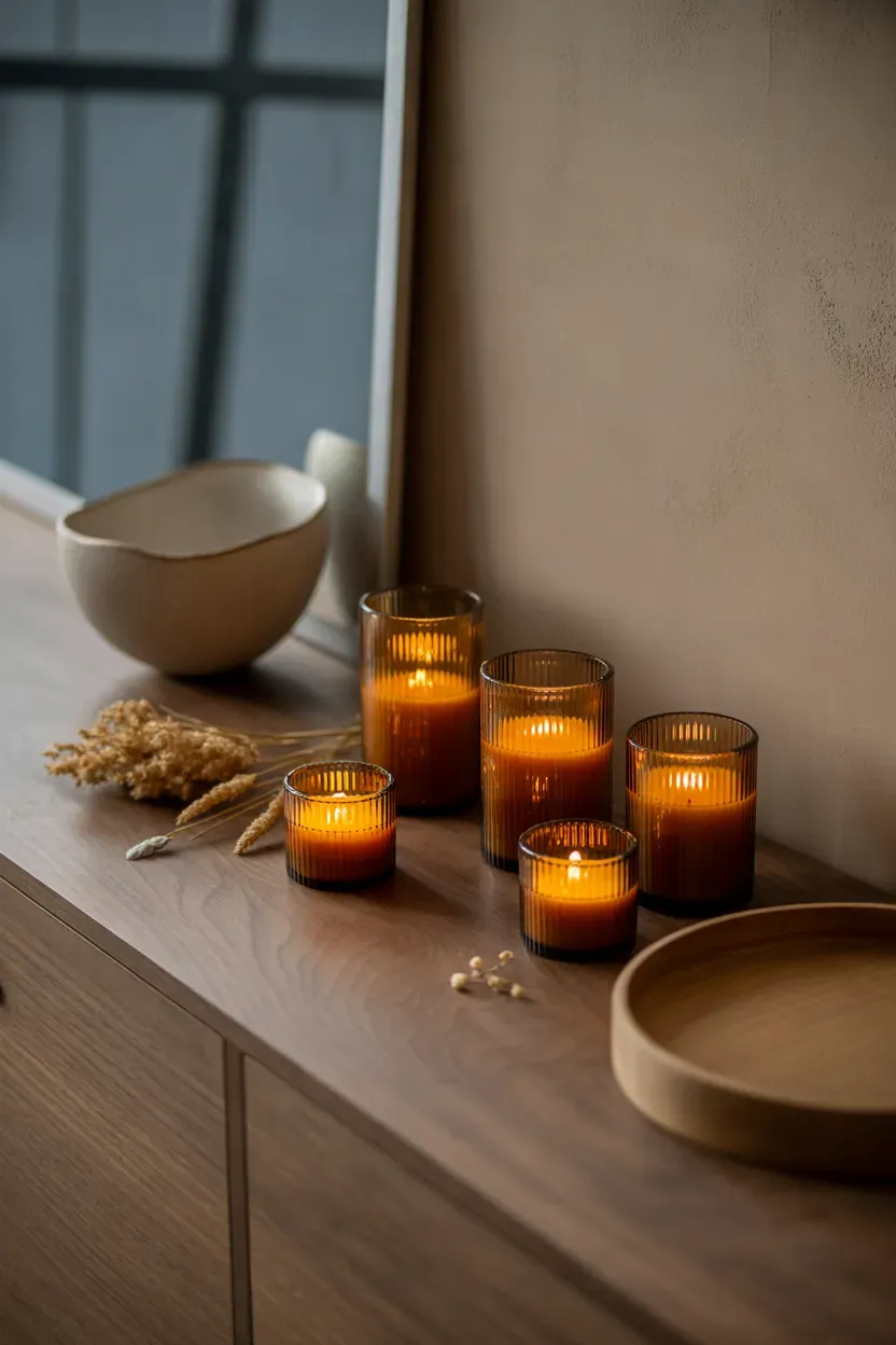 Five amber glass votive candles glowing in a row on a walnut sideboard