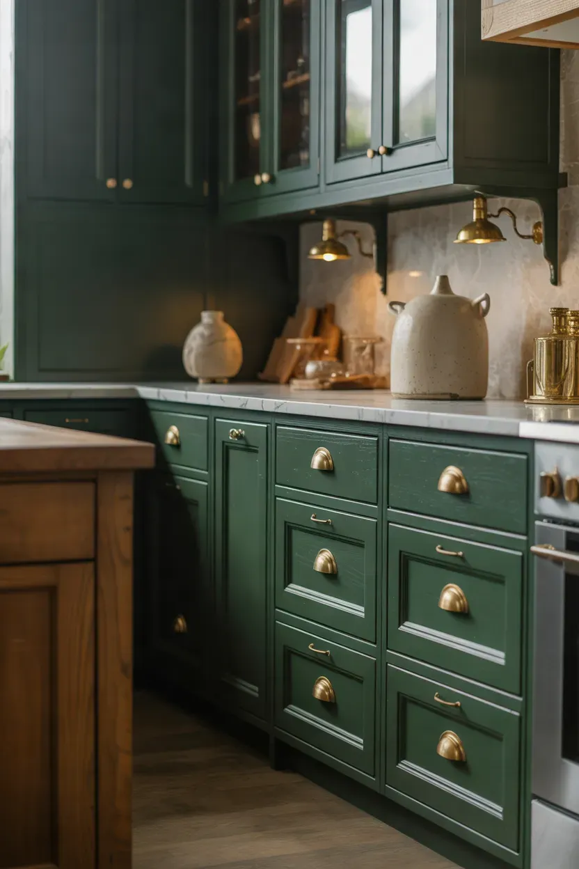 Dark farmhouse cabinets with antique brass pulls, rustic oak countertops, and warm vintage lighting