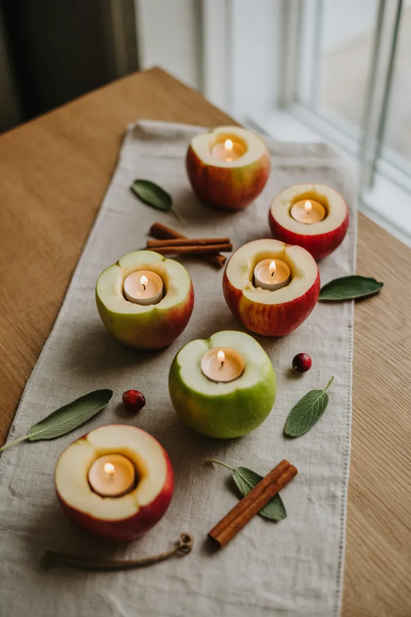 Red and green apples hollowed out as glowing tealight holders on a Thanksgiving table
