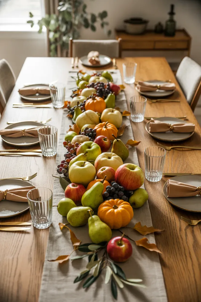 Thanksgiving table centerpiece with pears, apples, mini pumpkins, autumn leaves, and neutral dinnerware