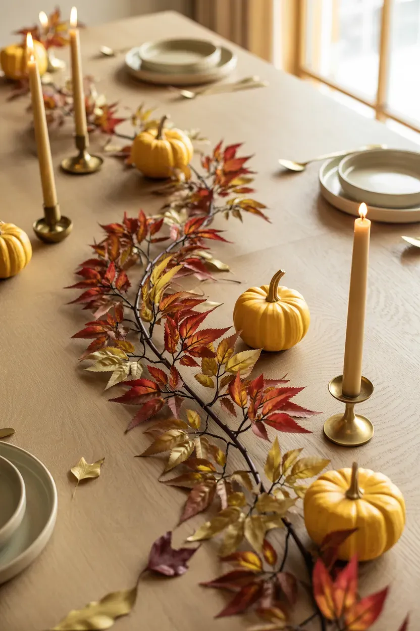 Red, gold, and brown leaf garland curving down a long wooden Thanksgiving table