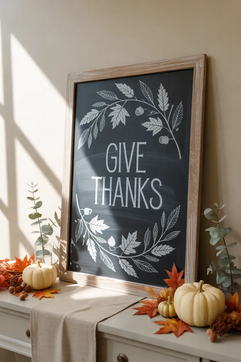 Autumn leaf chalkboard featuring white botanical drawings and warm seasonal accents