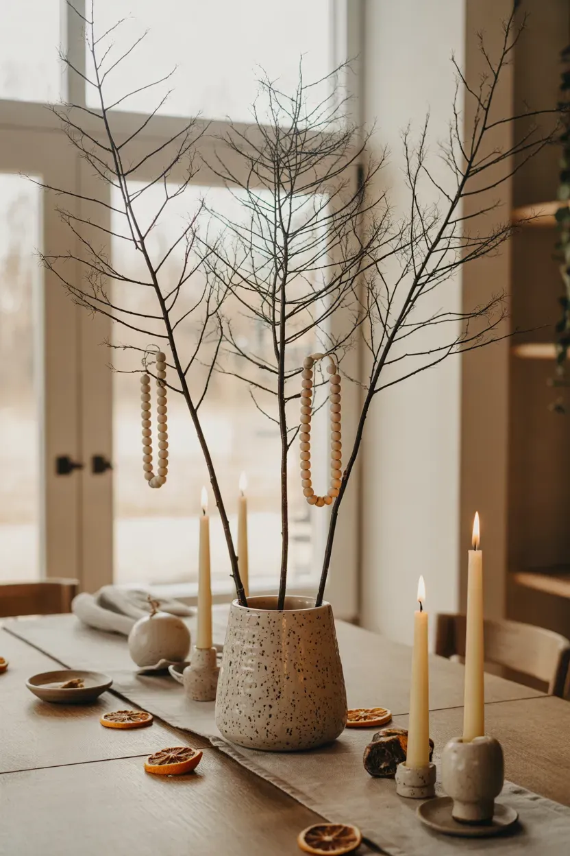 Bare branches in a stoneware vase with cream candles on a wooden dining table