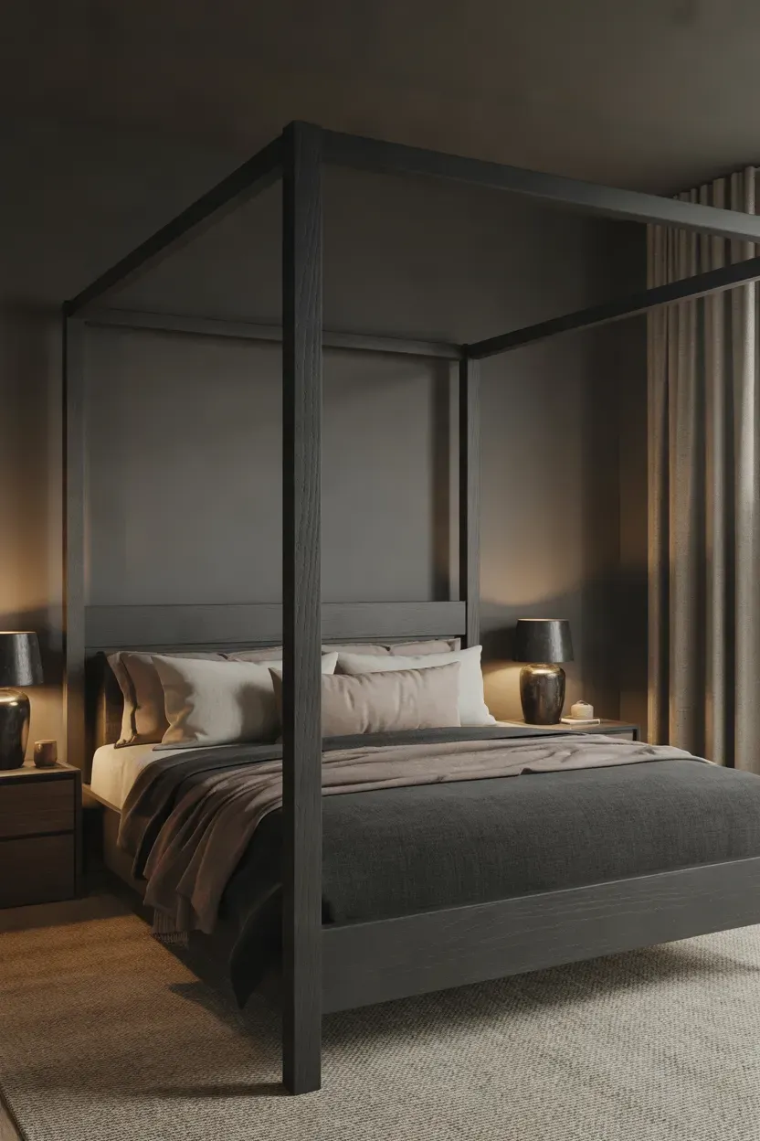 Dramatic moody bedroom with black canopy bed, charcoal bedding, walnut accents, and warm ambient lighting