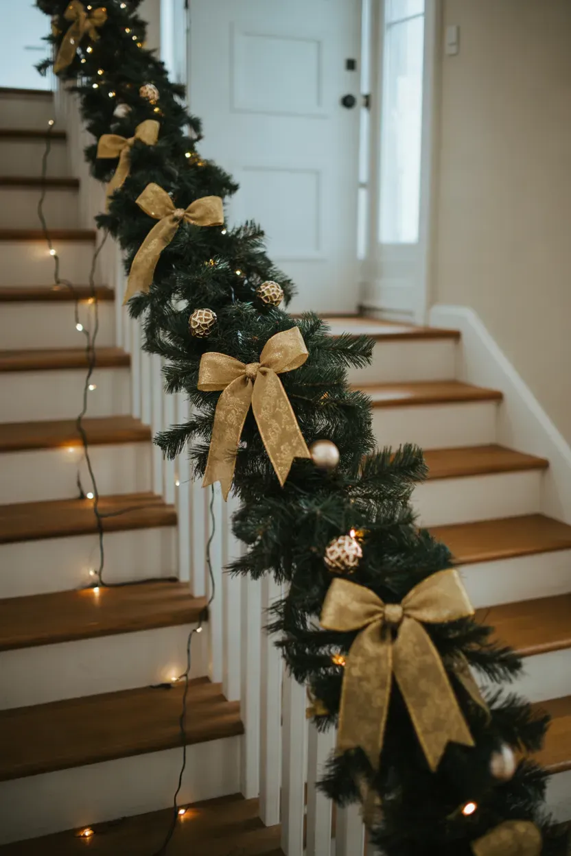 Staircase railing draped with black garland, gold bows and warm lights in a foyer