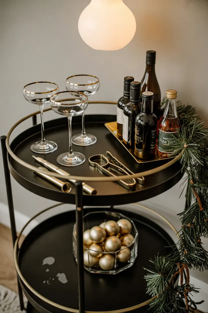 Black bar cart styled for Christmas with gold coupe glasses, bar tools and pine garland