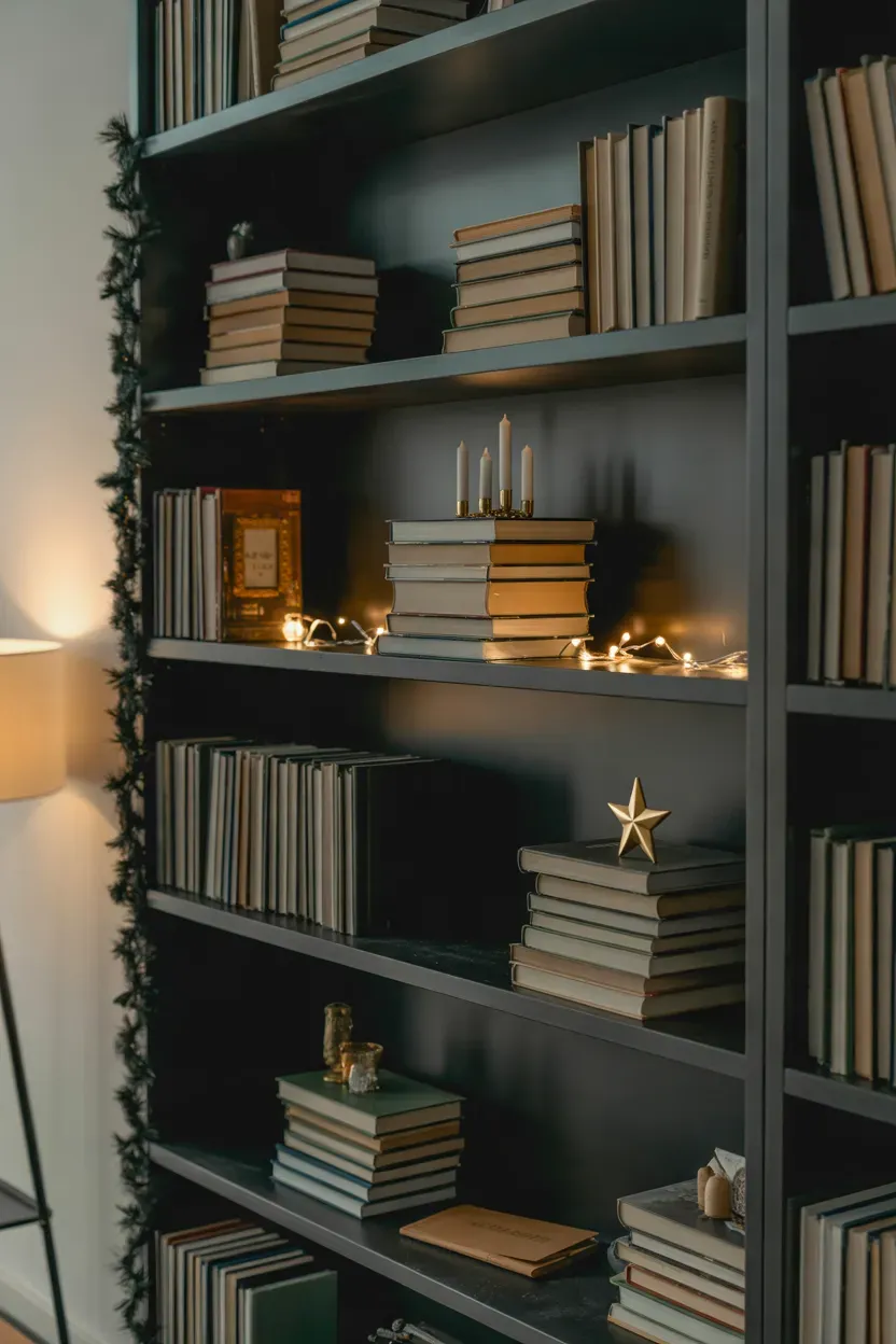 Dark bookshelf styled with gold candlesticks, black garland and warm battery lights for Christmas