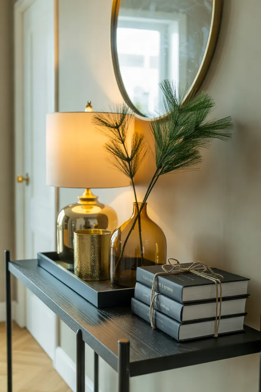 Black entryway console table styled with gold lamp, pine stems and black wrapped books