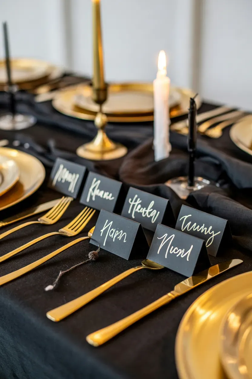 Black cardstock place cards with gold handwritten names resting against black napkins on a dinner table