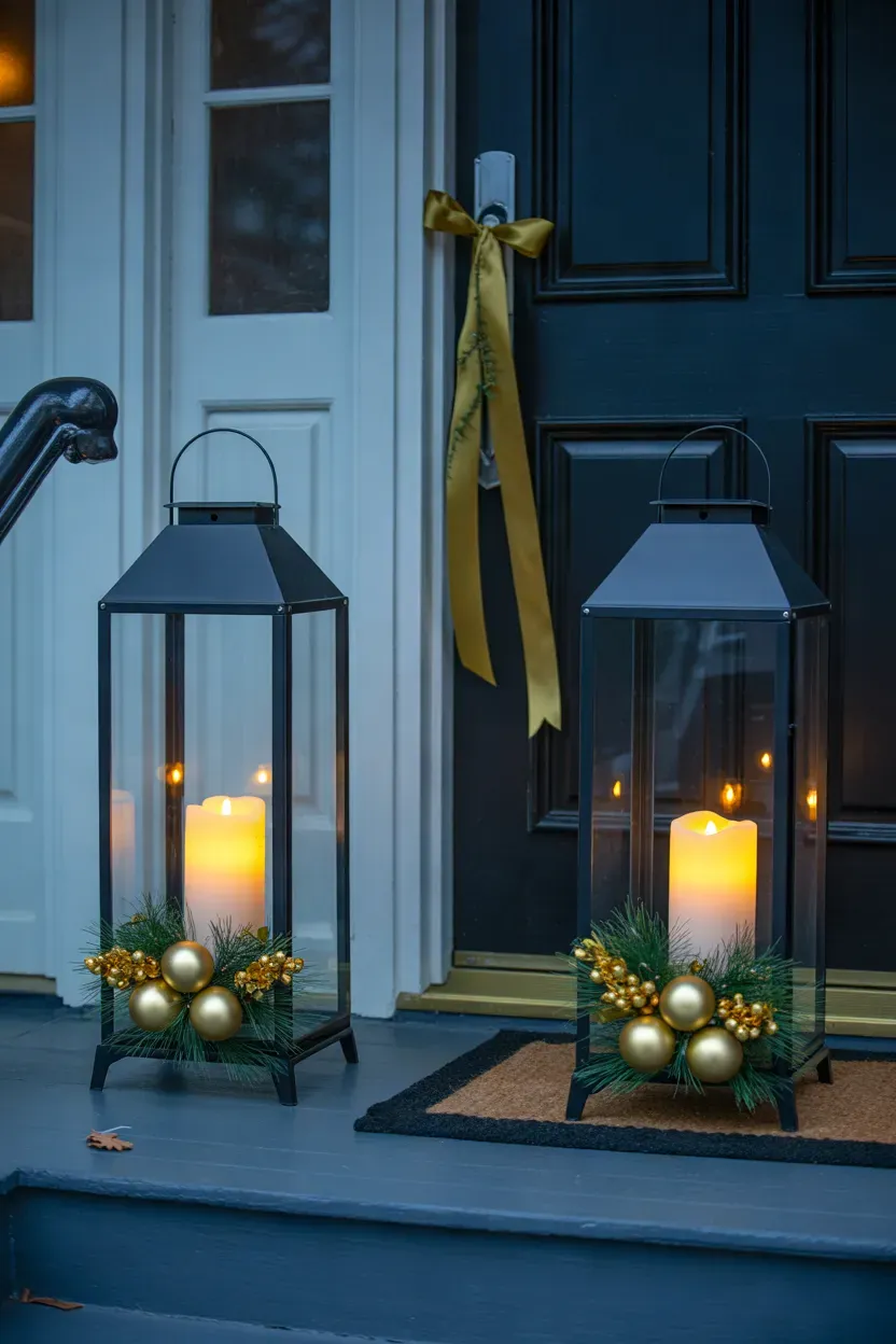 Pair of black metal lanterns with gold ornaments and pine boughs beside a front door