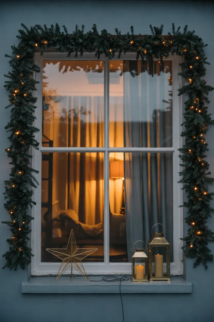 Front window decorated with black garland, warm white lights and a gold star at dusk