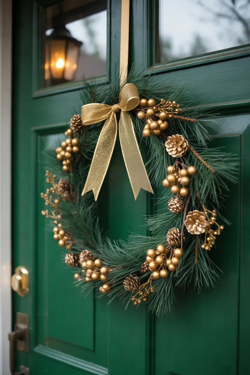 Black Christmas wreath with gold berries and wide gold ribbon on a front door