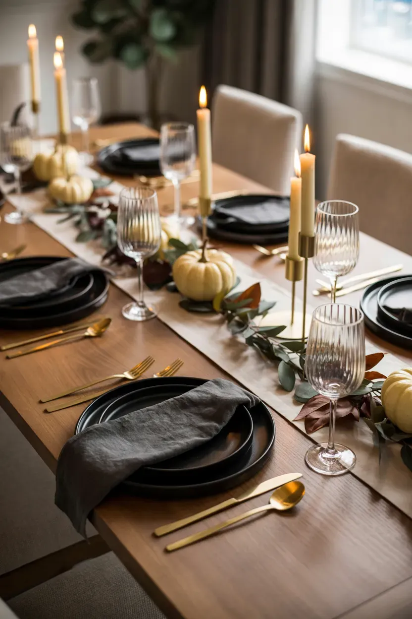 Dramatic Thanksgiving table with black plates, gold flatware, cream candles, and autumn foliage