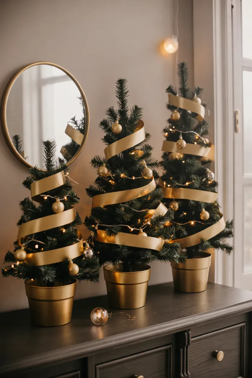 Three black tabletop Christmas trees with gold ornaments on a dark wood sideboard