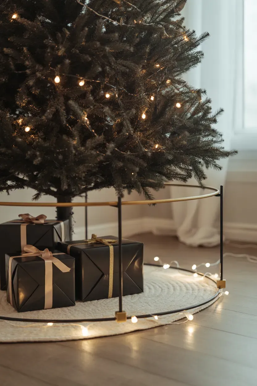Black metal tree collar with gold trim around a Christmas tree base with wrapped gifts