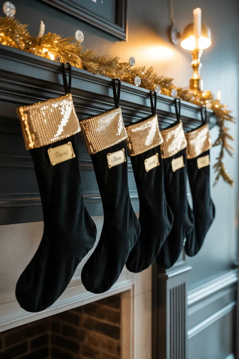 Row of black velvet stockings with gold cuffs hanging from a dark fireplace mantel