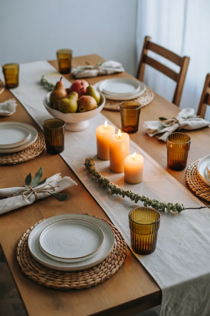 Christmas dinner table with linen runner, stoneware plates, candles and pears