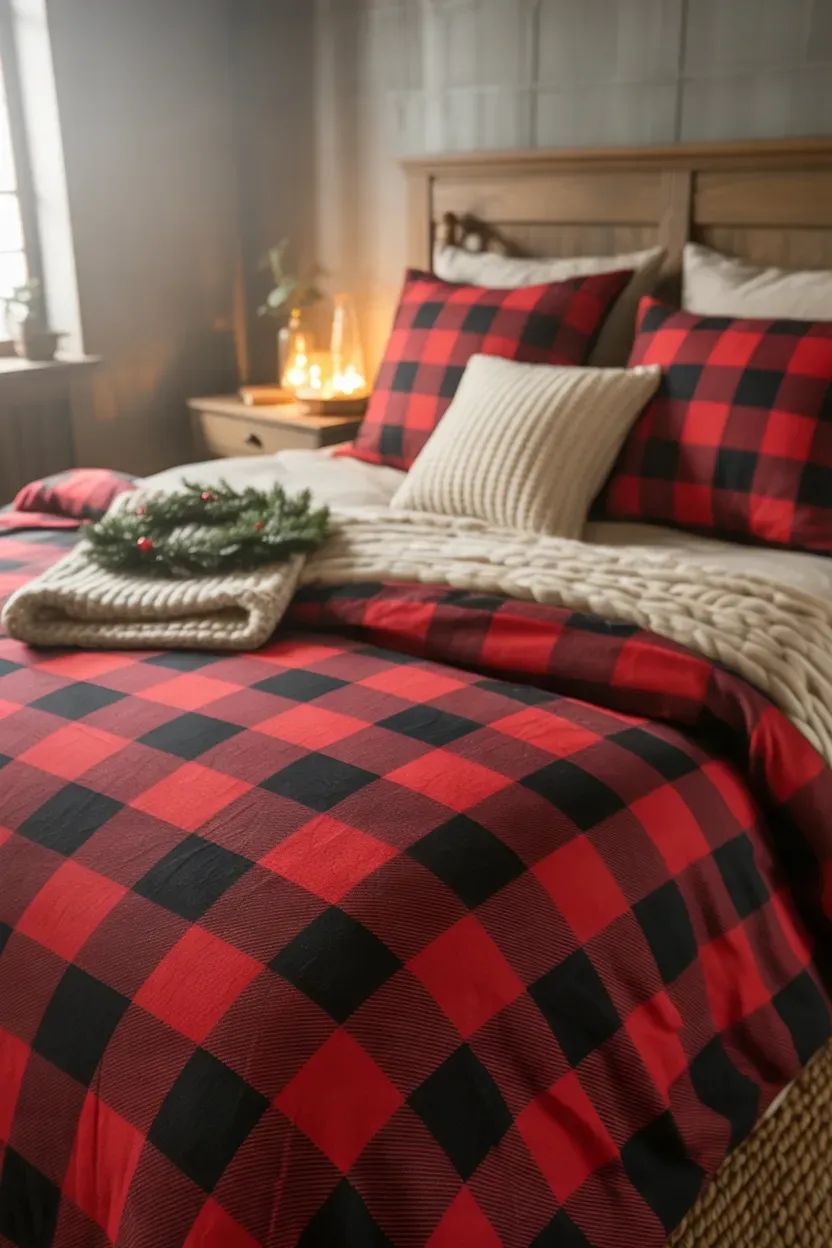 Red and black buffalo check bedding with cream pillows and rustic Christmas bedroom accents