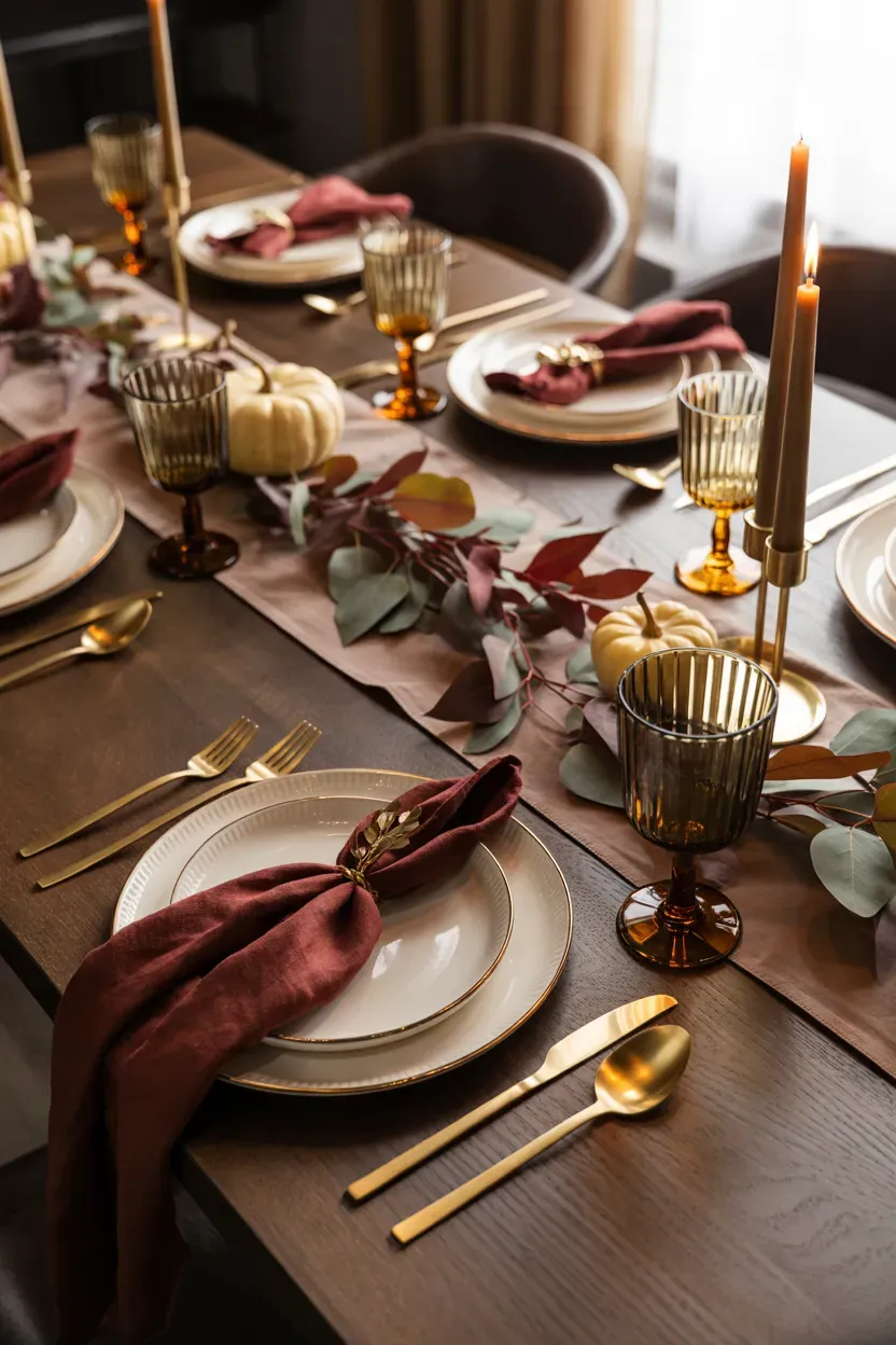 Elegant Thanksgiving table with burgundy napkins, brass flatware, ivory plates, and autumn foliage