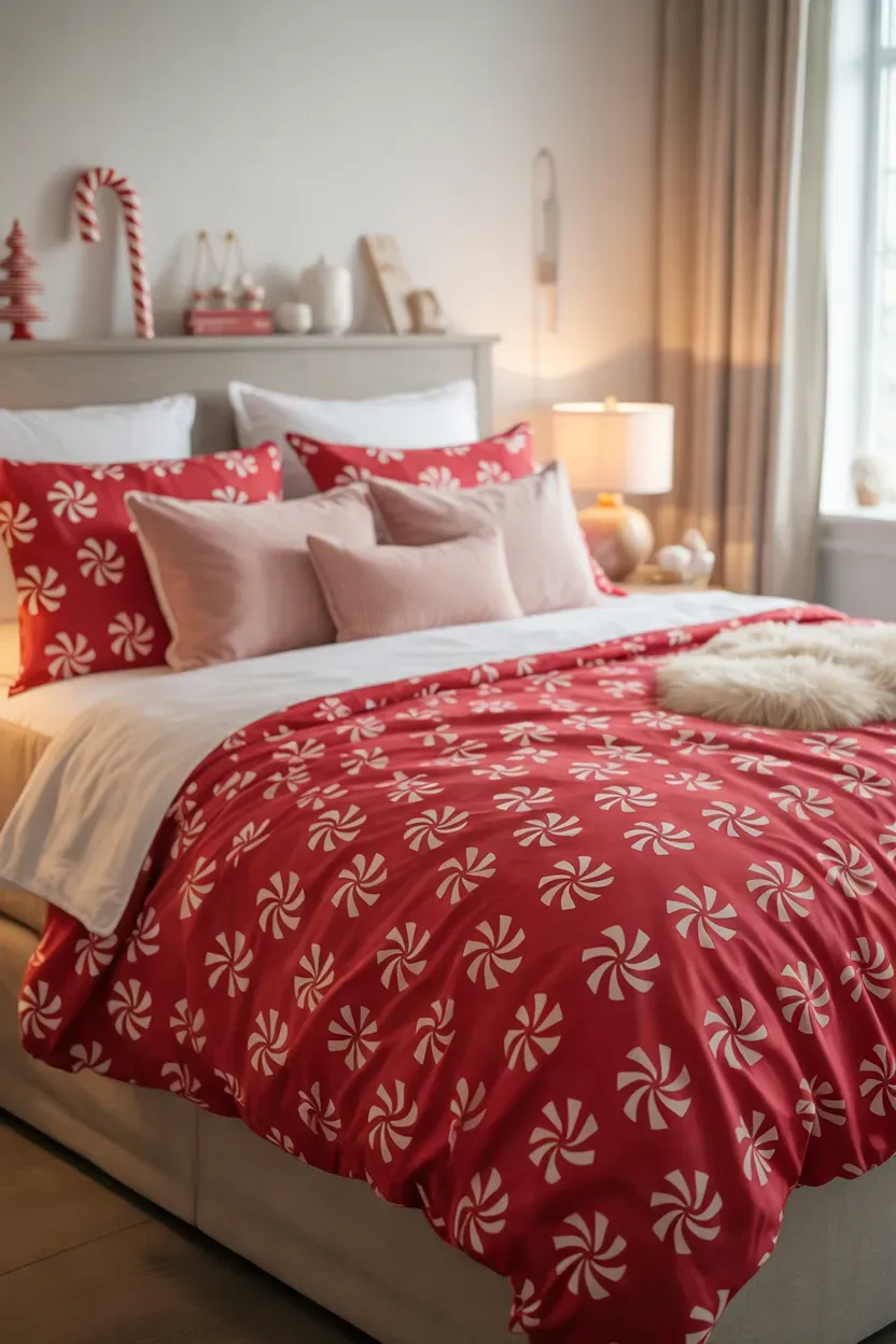 Red and white candy cane Christmas bedding with blush pillows and fluffy cream throw