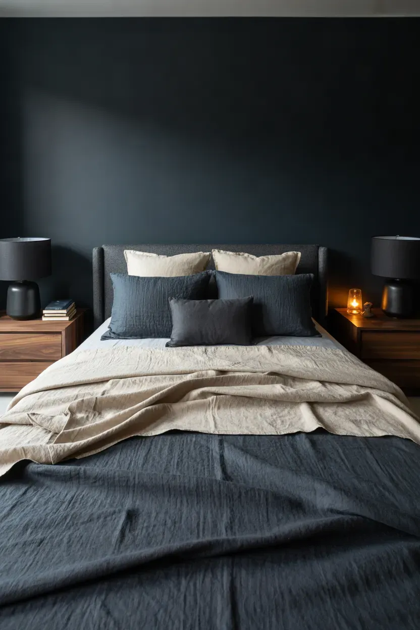 Cozy moody bedroom with charcoal walls, layered bedding, warm bedside lighting, and natural wood furniture