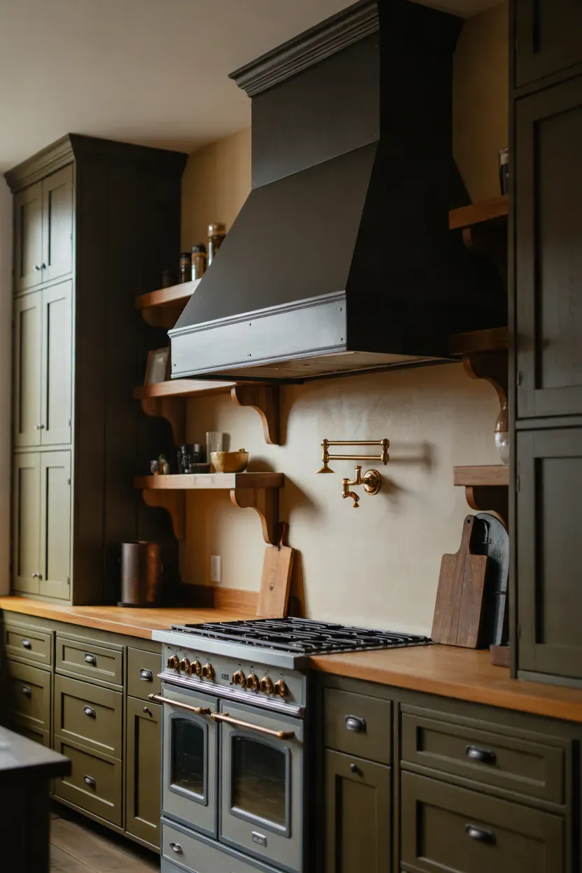 Moody farmhouse kitchen with charcoal range hood, dark green cabinets, oak shelves, and brass accents