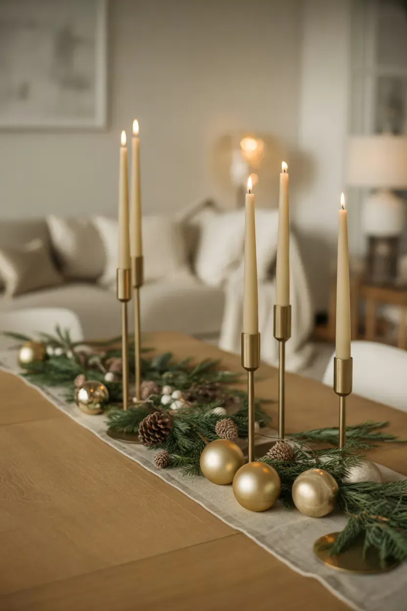 Elegant gold candle holders with ivory candles and evergreen Christmas greenery