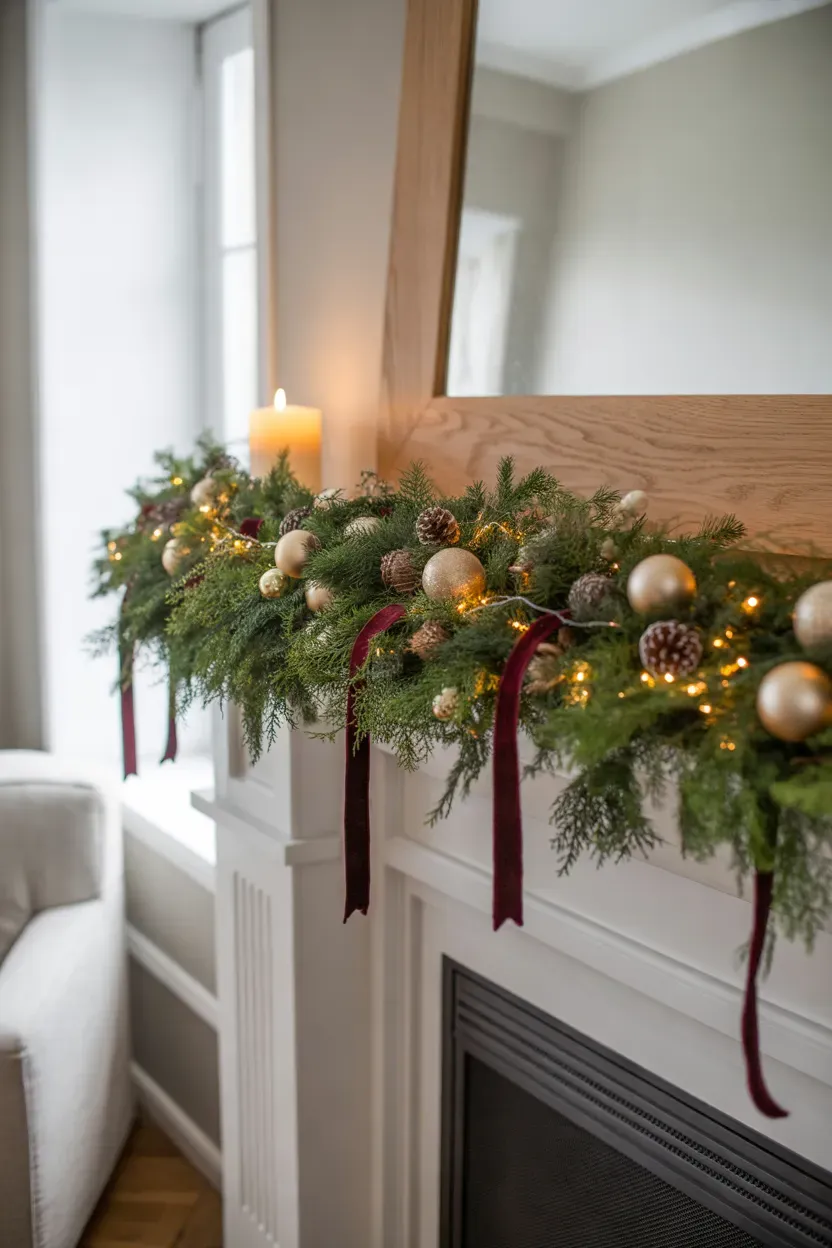 Lush Christmas mantel garland with pine branches, gold accents, and warm fairy lights