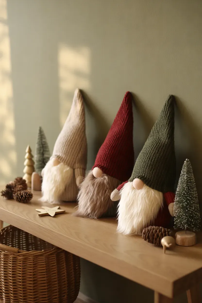 Plush Christmas gnomes in cream and red hats styled beside miniature pine trees