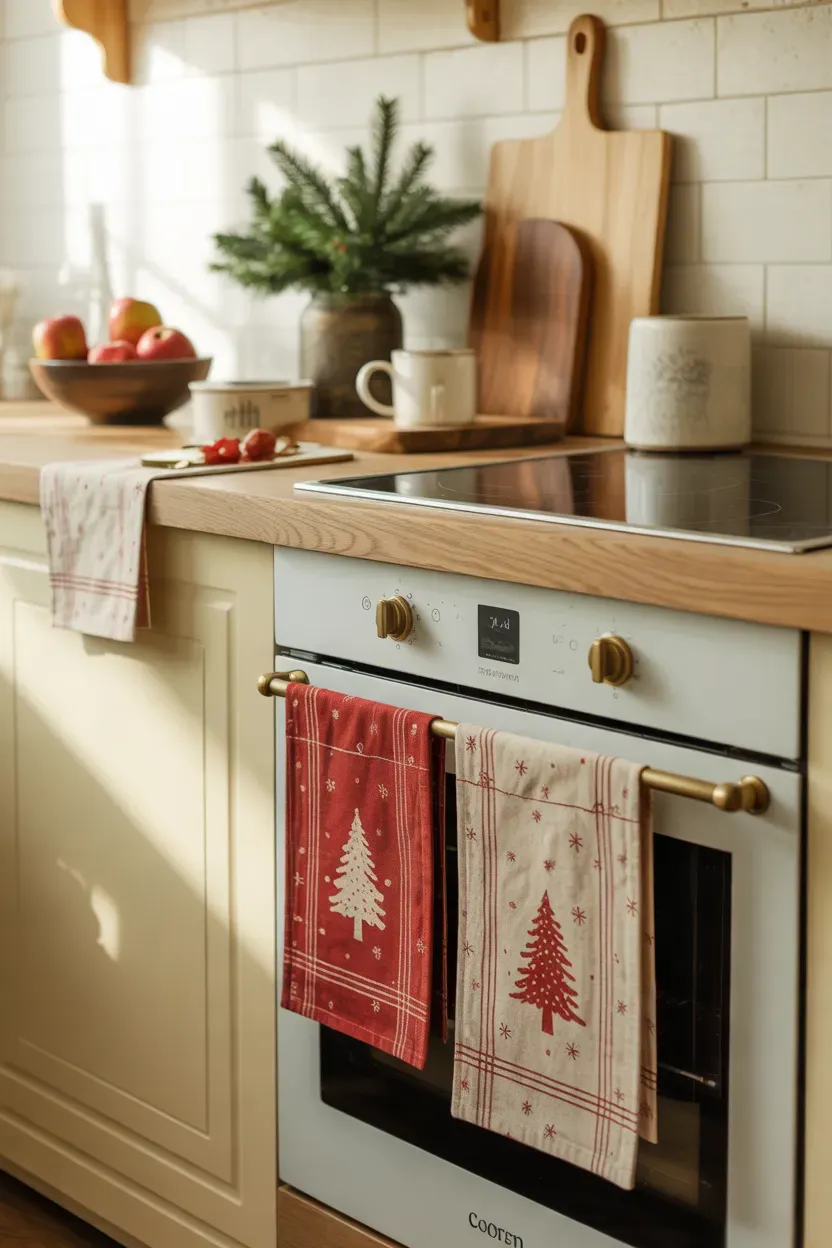 Red and cream Christmas kitchen towels hanging beside a decorated holiday kitchen counter