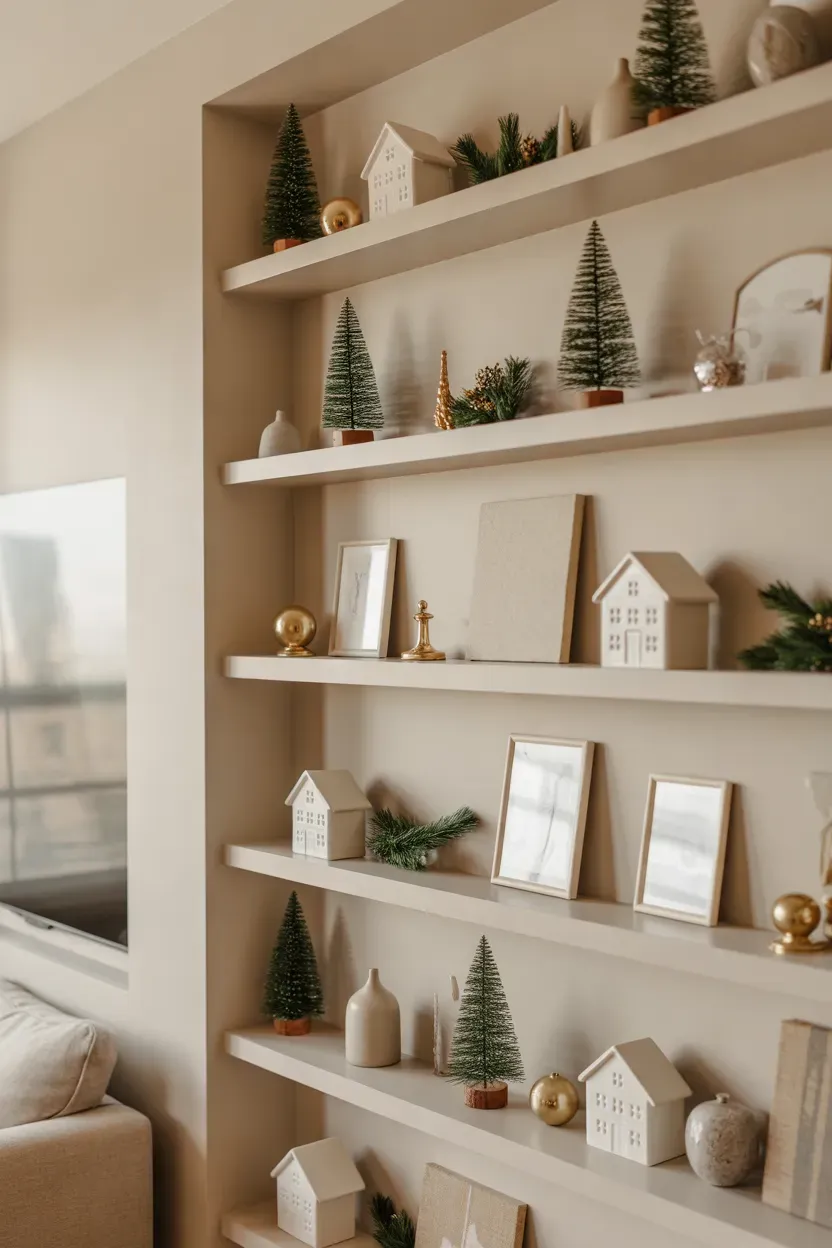 Styled Christmas shelf with miniature trees ceramic houses gold ornaments and greenery
