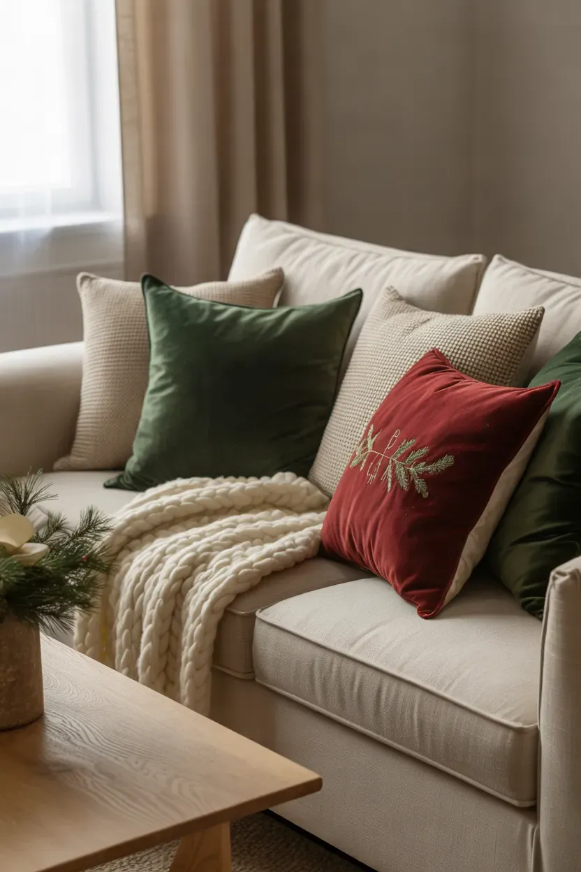 Neutral sofa styled with festive red, green, and cream Christmas throw pillows