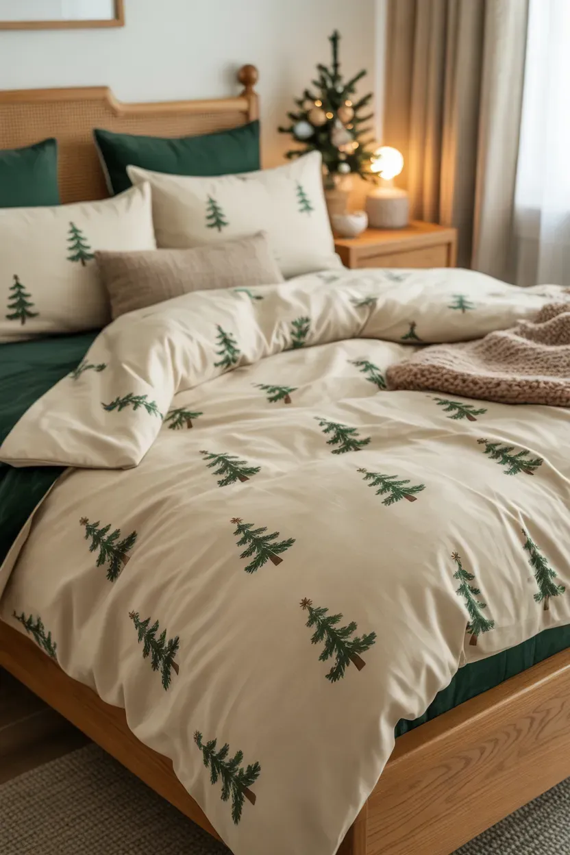 Cream Christmas tree print bedding with green pillows, beige knit throw, and natural wood accents