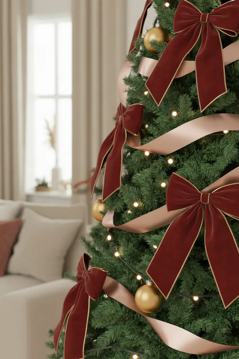 Burgundy and champagne velvet bows decorating a lush Christmas tree