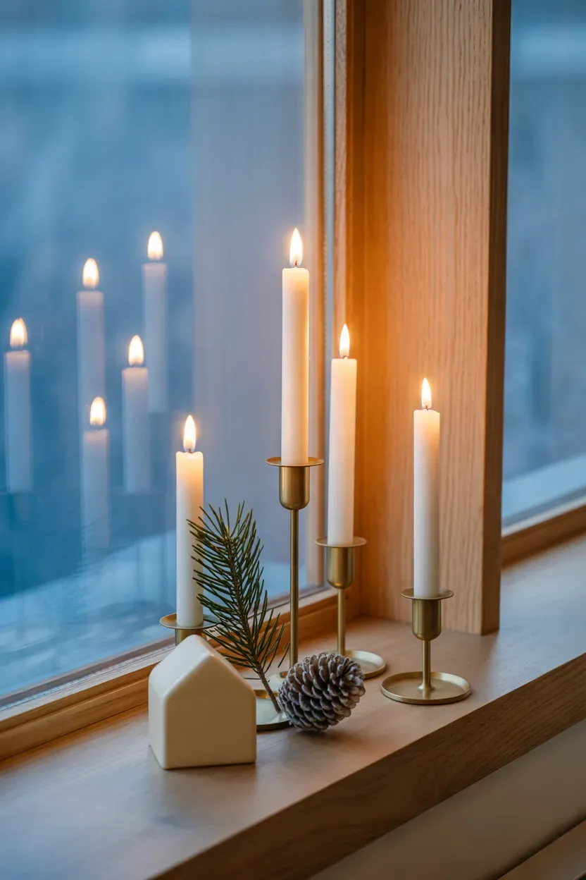 Warm LED taper candles glowing on a windowsill beside simple evergreen Christmas decorations