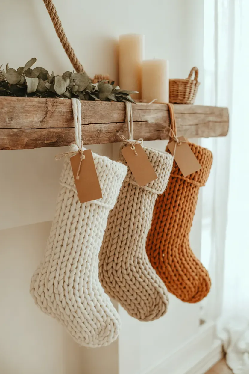 Cream chunky knit stockings hanging from a rope across a wooden mantel