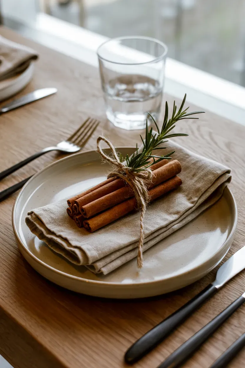Cinnamon stick bundle tied with twine on a folded linen napkin and plate