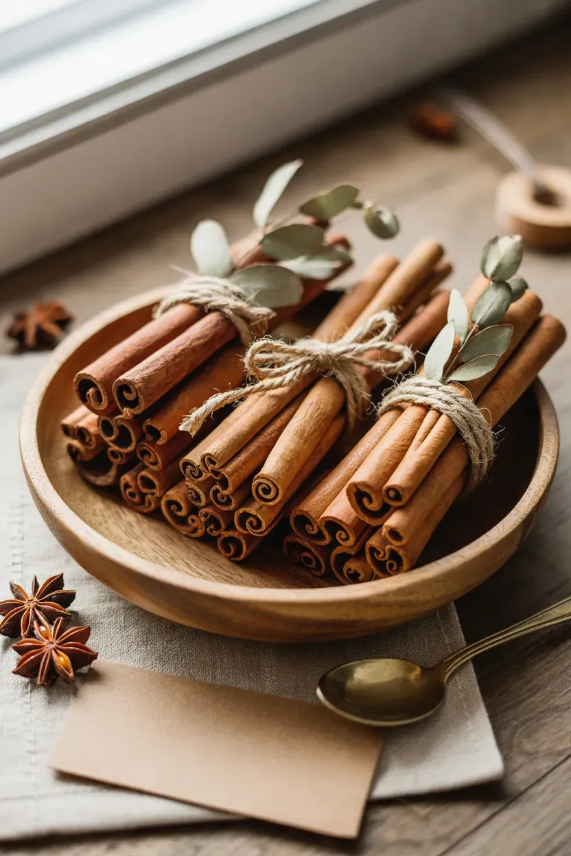 Cinnamon stick bundle tied with jute twine and eucalyptus in a wooden bowl