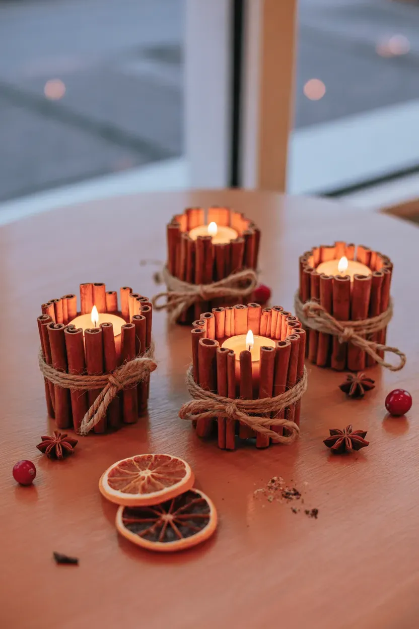 Glass votives wrapped in cinnamon sticks and twine glowing on a wooden Thanksgiving table