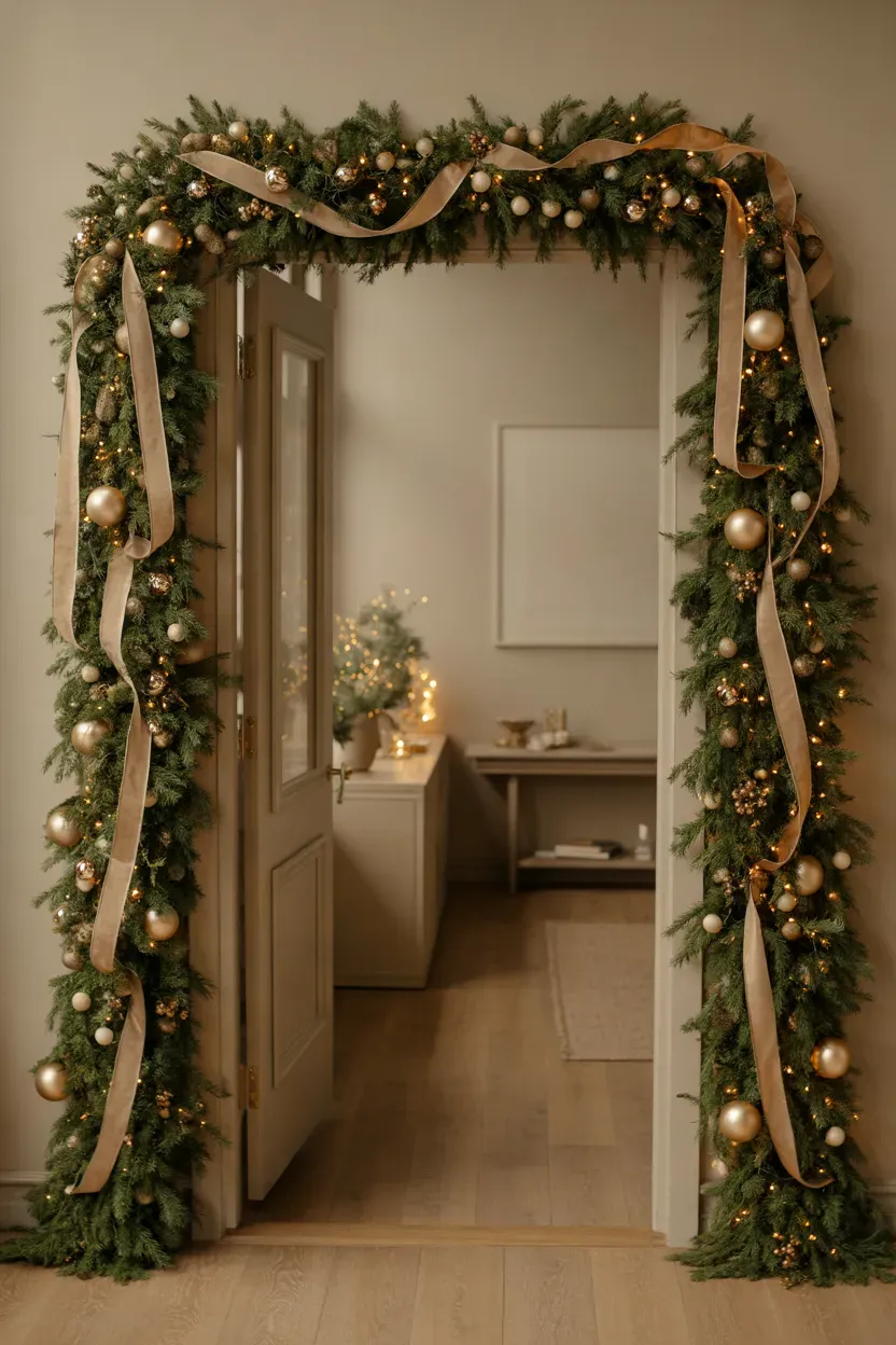 Elegant doorway framed with lush evergreen garland, warm white lights, champagne ornaments, and ivory velvet ribbon