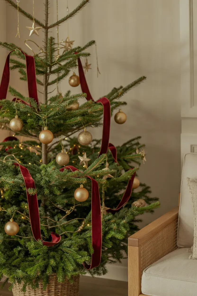 Elegant Christmas living room with red velvet ribbons, gold ornaments, evergreen branches, and warm glowing lights