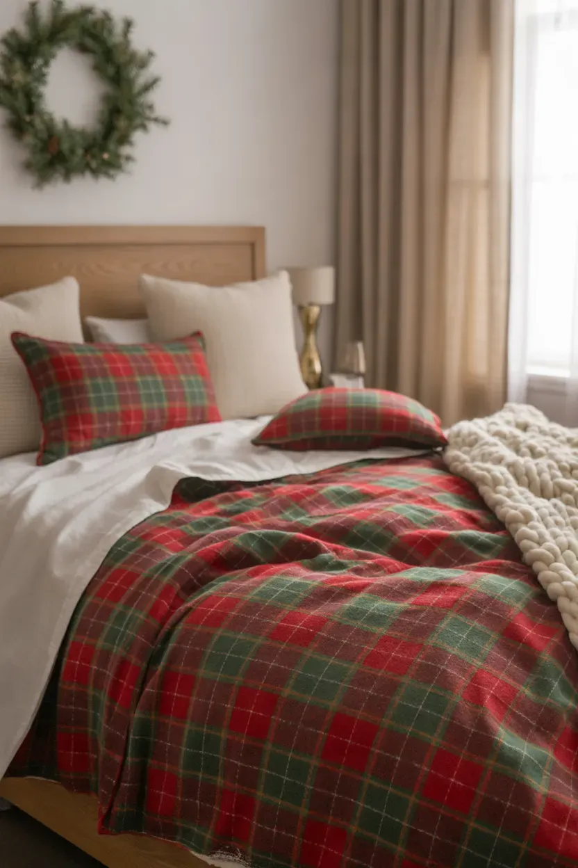 Cozy Christmas bedroom with red plaid bedding, cream pillows, and evergreen accents