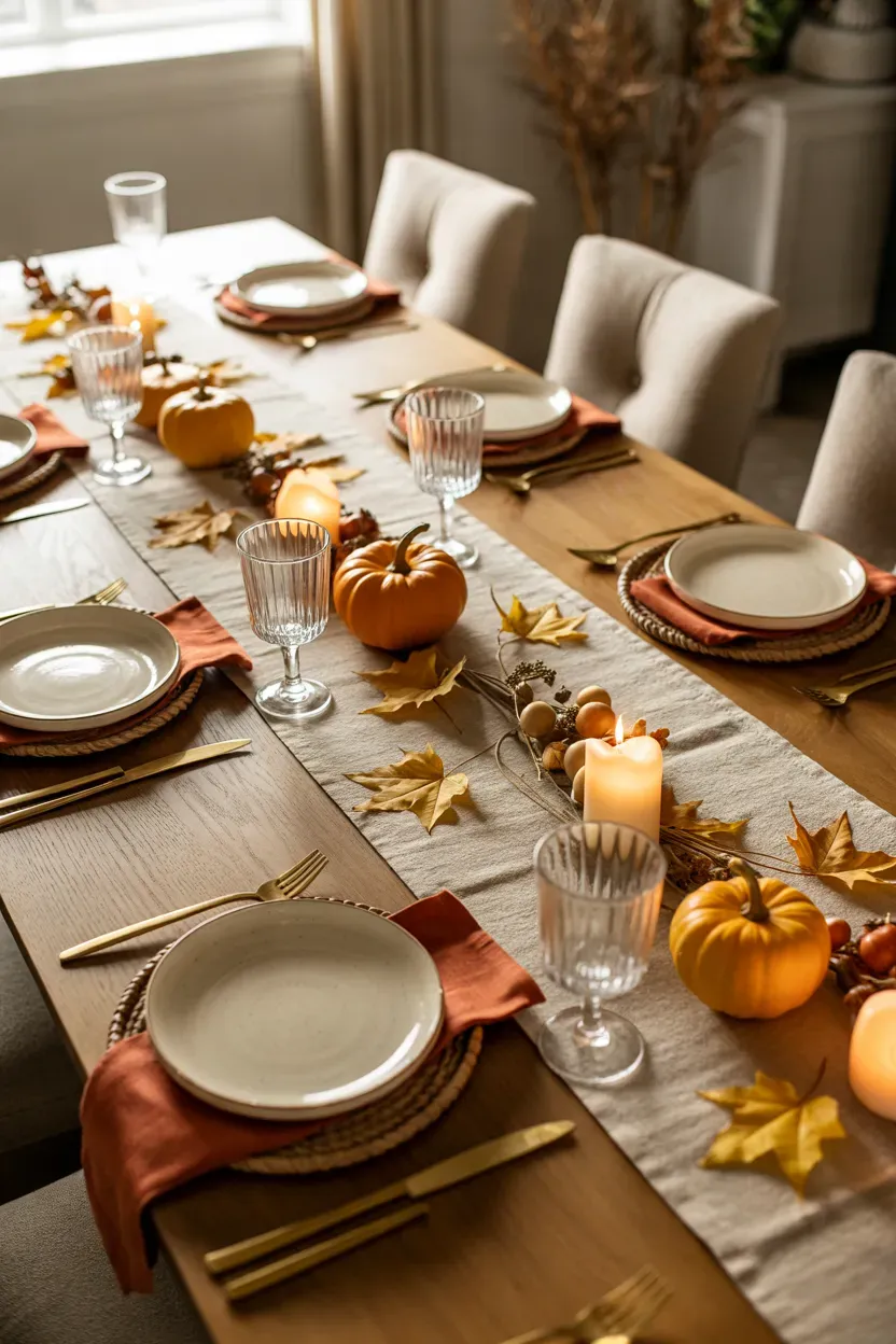 Classic Thanksgiving table with a textured linen runner, autumn leaves, cream plates, and glowing candles