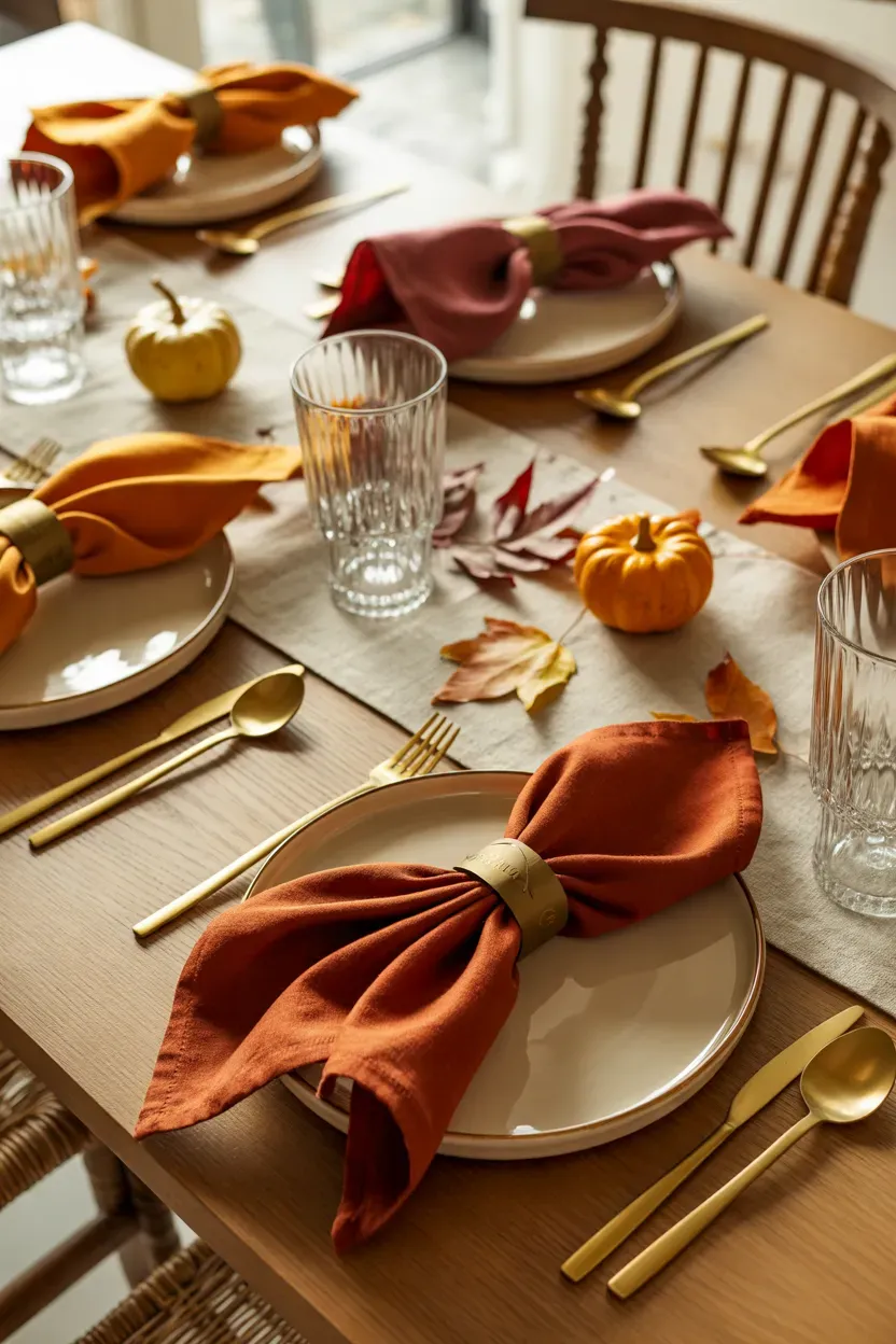 Thanksgiving place settings with rust, mustard, and burgundy napkins on ivory dinner plates