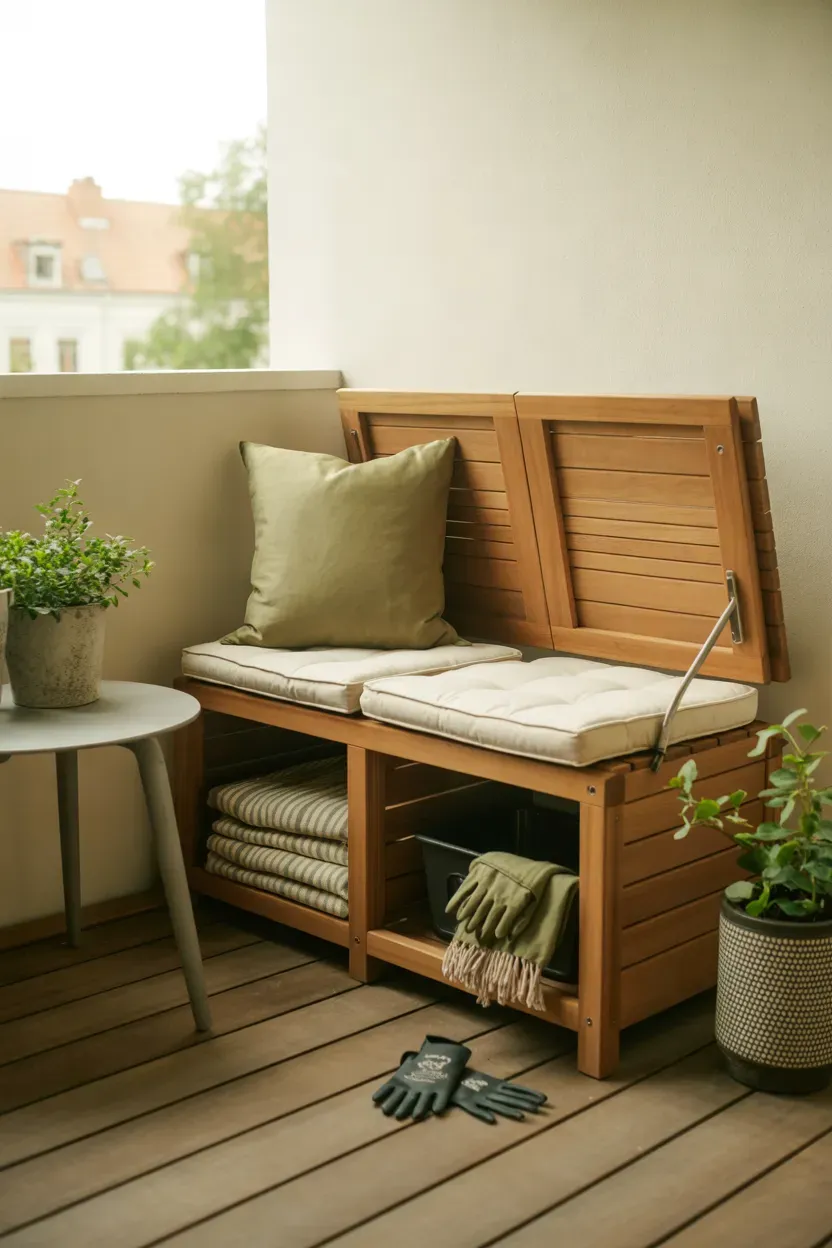 Small balcony with a wooden storage bench, cream cushions, and neatly organized accessories