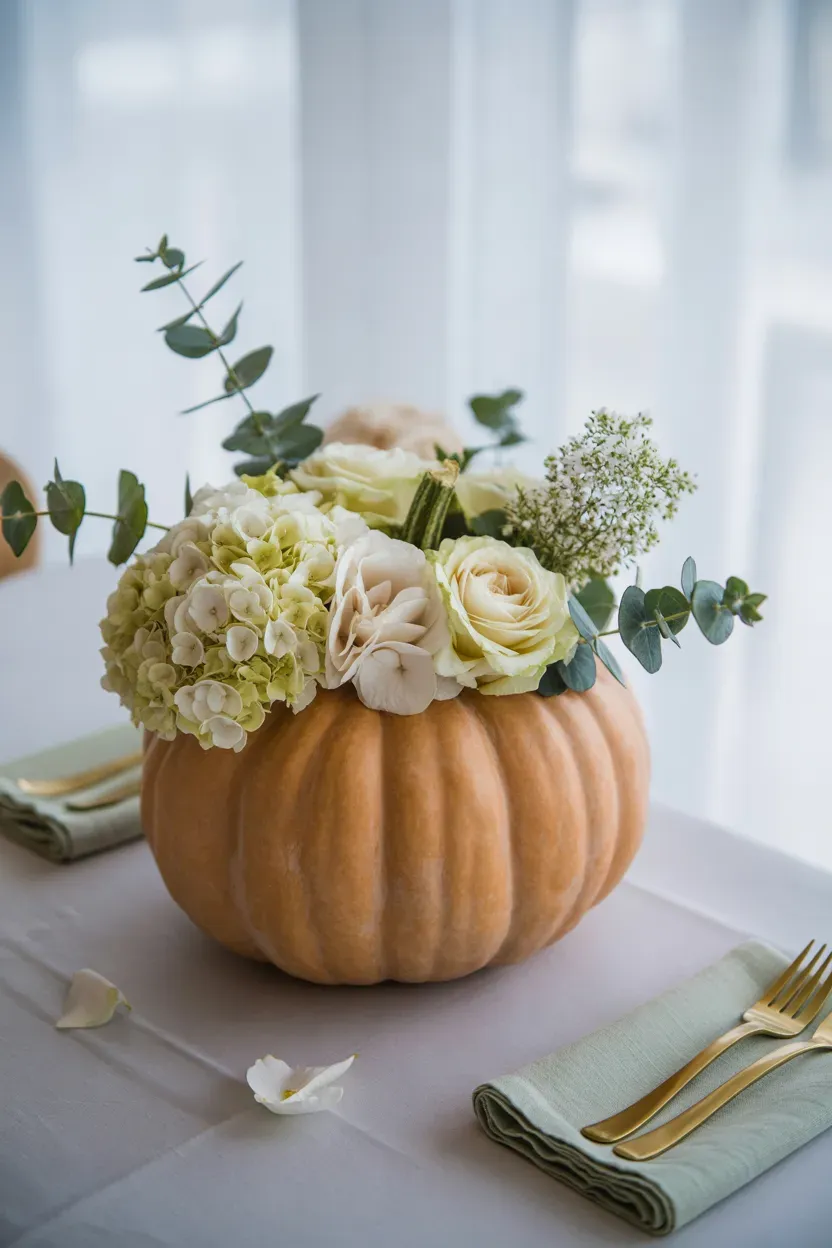 Two copper lanterns with glowing candles on a dark Thanksgiving table with acorns and leaves
