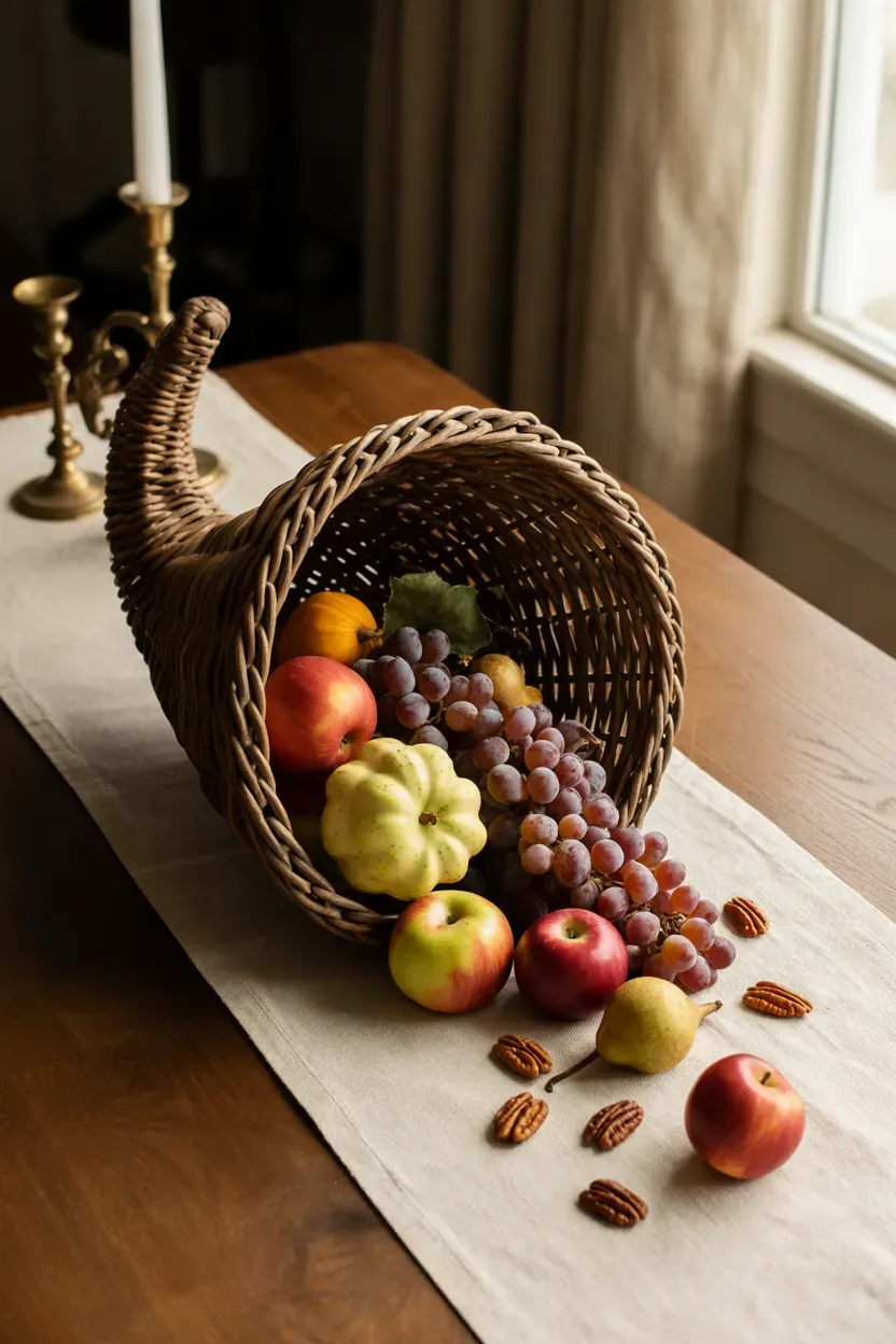 Woven cornucopia spilling mini gourds, apples, and grapes across a linen Thanksgiving runner