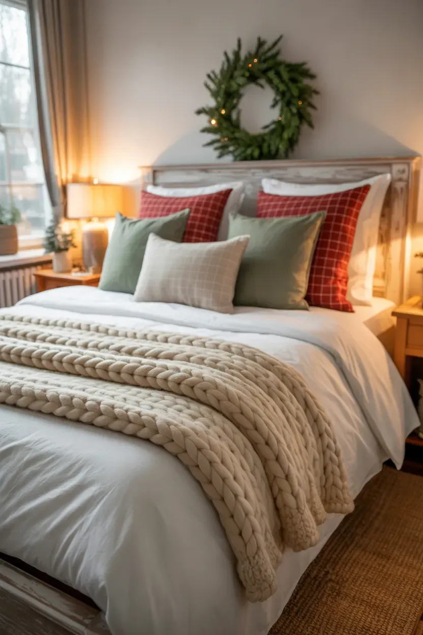 Cozy Christmas cottage bedding with ivory duvet, plaid pillows, sage cushions, and knit throw