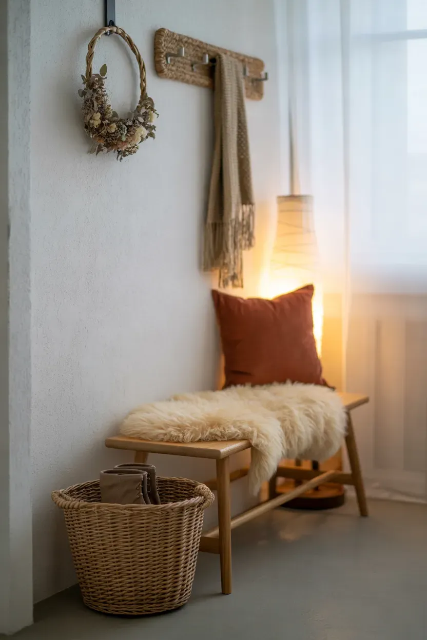 Wooden entryway bench with sheepskin, woven basket and dried wreath above it