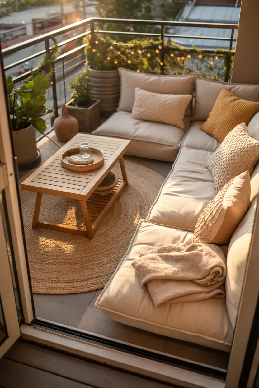 Small balcony with layered floor cushions, soft textiles, and warm ambient lighting